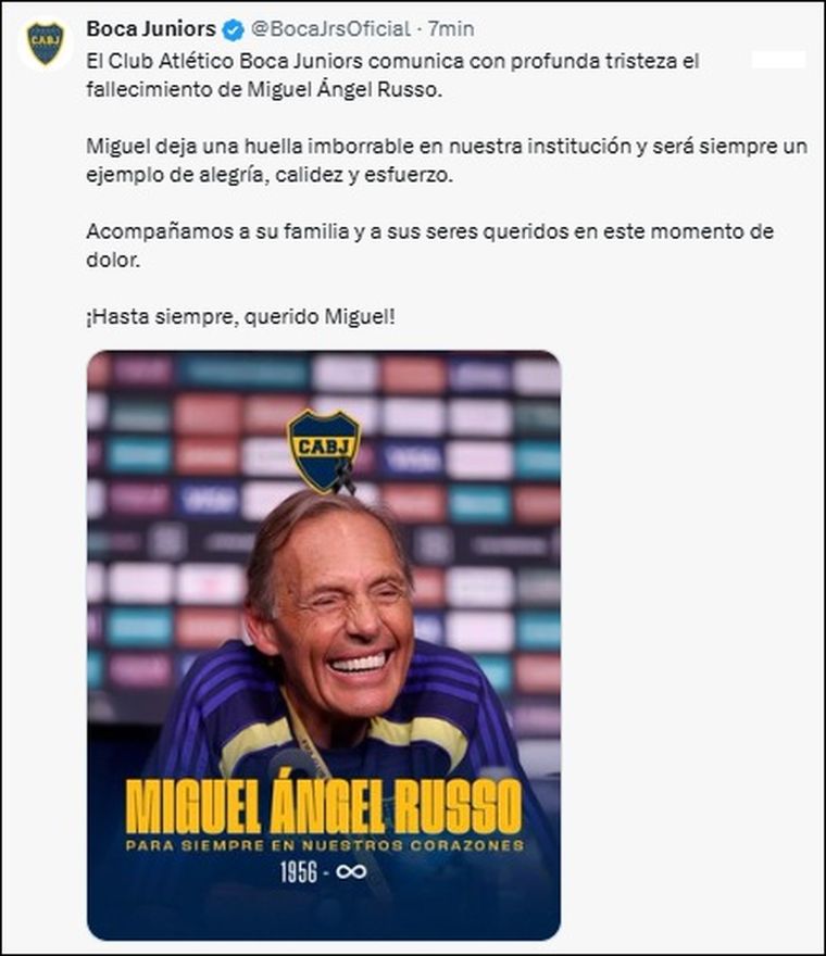 El mensaje de Boca confirmando la muerte de Miguel Ángel Russo. El mensaje de Boca confirmando la muerte de Miguel Ángel Russo.