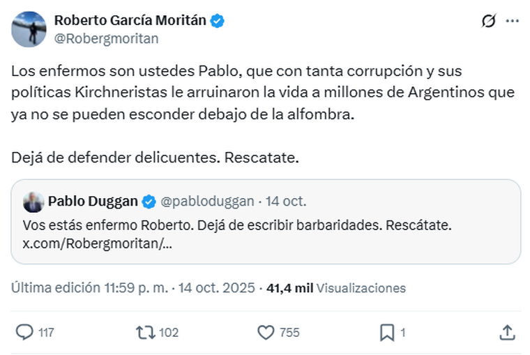 La fuerte respuesta de Roberto García Moritán. Foto: captura de pantalla X/ @Robertgmoritan. La fuerte respuesta de Roberto García Moritán. Foto: captura de pantalla X/ @Robertgmoritan.