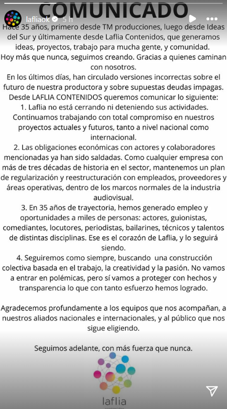 El documento que compartieron desde la productora tras las acusaciones. Foto: captura de pantalla Instagram/ @lafliaok.&nbsp;