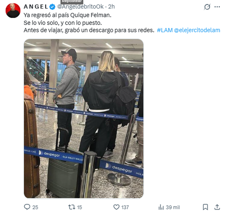 Enrique Felman ya volvió a Argentina. Enrique Felman ya volvió a Argentina.