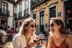 Dos amigas brindando con vino Oporto, en Portugal.