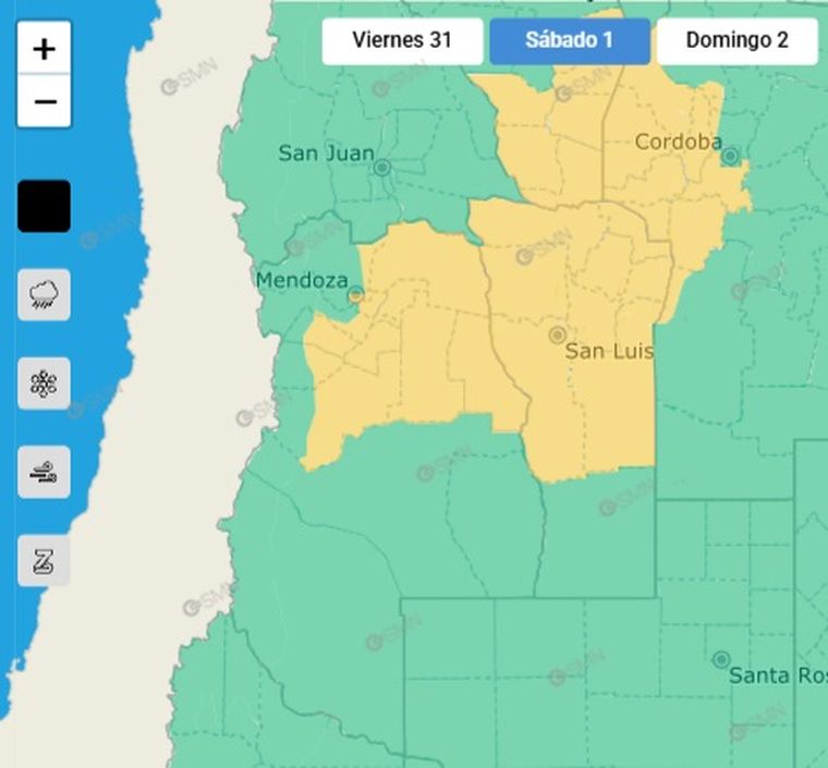 El SMN emitió un alerta por tormentas para distintas zonas de Mendoza este sábado.  El SMN emitió un alerta por tormentas para distintas zonas de Mendoza este sábado.