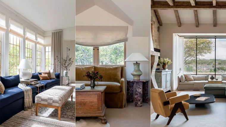 En estos tres espacios hay muebles sin patas, como el sofá de terciopelo con una falda que cae hasta el suelo, y muebles con patas, como las mesas y sillas. Foto: Marie Flanigan Interiors / Foto de Julie Soefer