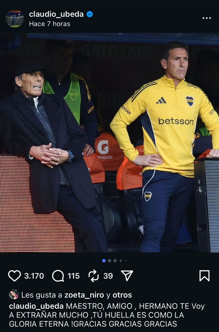 El sentido posteo de Claudio Úbeda a Miguel Ángel Russo. El sentido posteo de Claudio Úbeda a Miguel Ángel Russo.