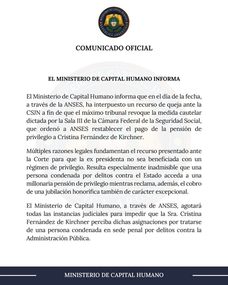 El comunicado de Capital Humano. El comunicado de Capital Humano.