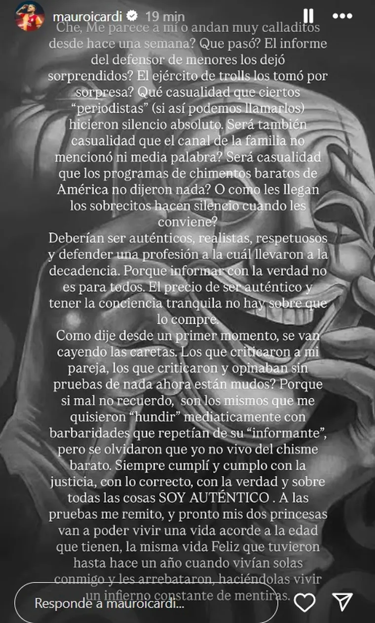 El fuerte escrito de Mauro Icardi. Foto: Instagram/ @mauroicardi. El fuerte escrito de Mauro Icardi. Foto: Instagram/ @mauroicardi. 