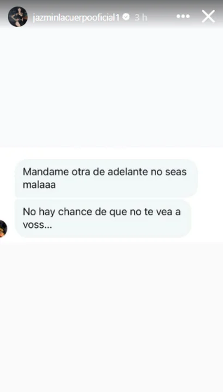 Parte de la conversación que expuso La Cuerpo. Créditos: Instagram / jazminlacuerpooficial1