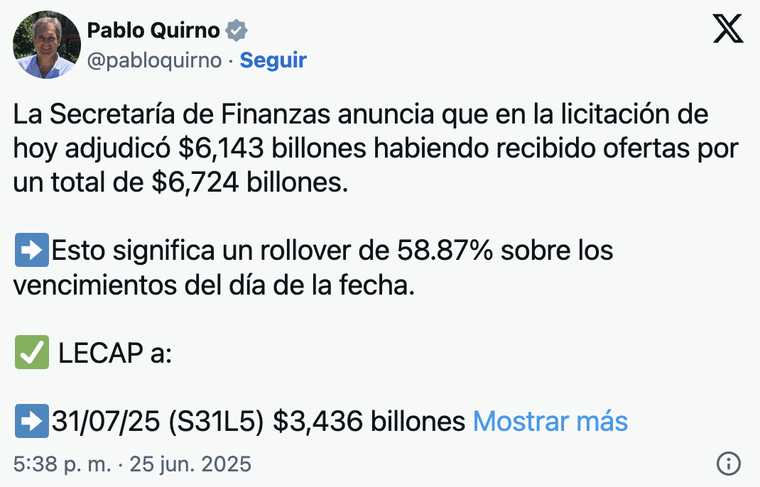 La publicación del secretario de Finanzas, Pablo Quirno, en la red social X. La publicación del secretario de Finanzas, Pablo Quirno, en la red social X.