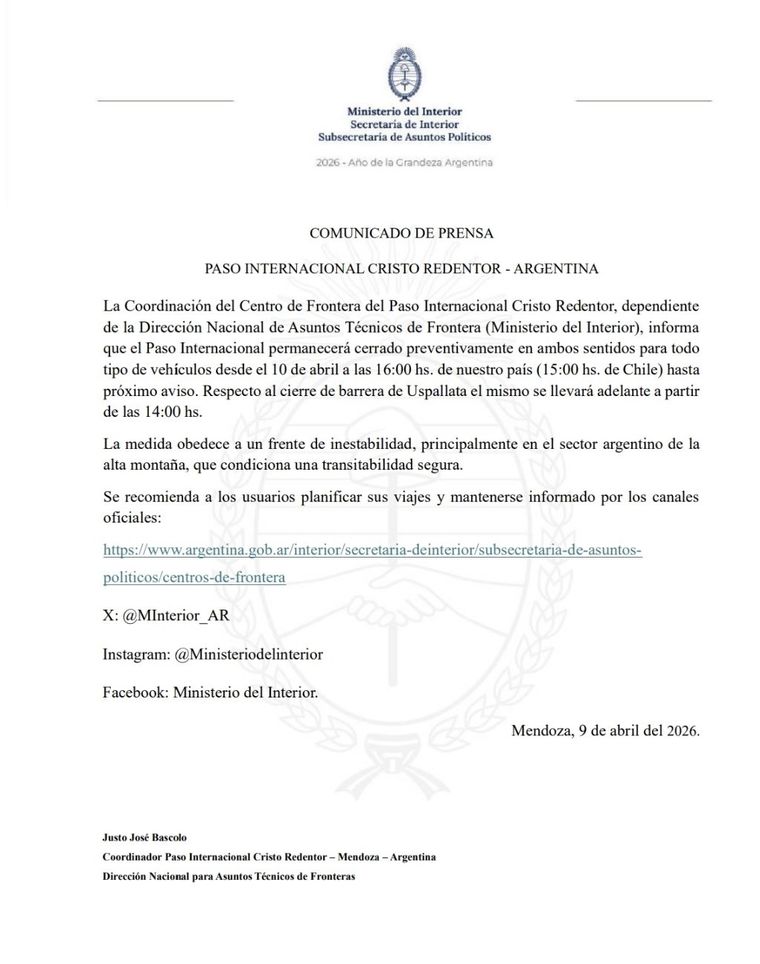 El Paso Cristo Redentor permanecerá cerrado desde este 10 de abril por condiciones climáticas adversas. El Paso Cristo Redentor permanecerá cerrado desde este 10 de abril por condiciones climáticas adversas.