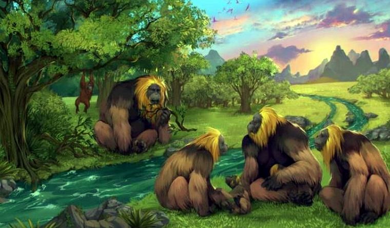 Una impresión artística de un grupo de primates dentro de un bosque en el sur de China. Foto: Dpa.