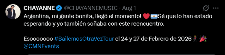 El artista ansía pisar suelo argentino. Créditos: Captura X / CHAYANNEMUSIC El artista ansía pisar suelo argentino. Créditos: Captura X / CHAYANNEMUSIC