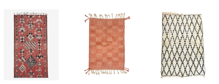 Tres modelos de alfombra marroquí. Créditos: luluandgeorgia.com, ebay.com y 1stdibs.com. Tres modelos de alfombra marroquí. Créditos: luluandgeorgia.com, ebay.com y 1stdibs.com.