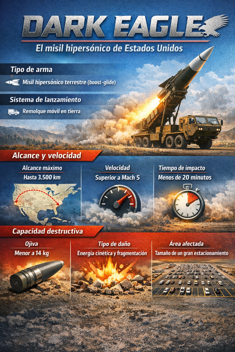 Por su velocidad extrema y su capacidad de evasión, el Dark Eagle reduce de forma drástica el tiempo de reacción de los sistemas de defensa enemigos. Por su velocidad extrema y su capacidad de evasión, el Dark Eagle reduce de forma drástica el tiempo de reacción de los sistemas de defensa enemigos.