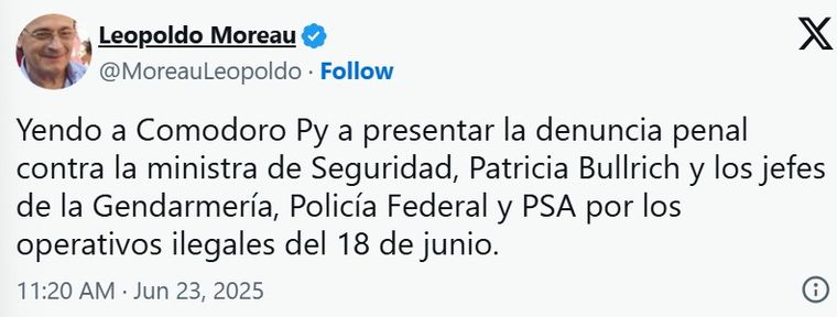 El posteo de Leopoldo Moreau esta mañana en X. Foto: X El posteo de Leopoldo Moreau esta mañana en X. Foto: X