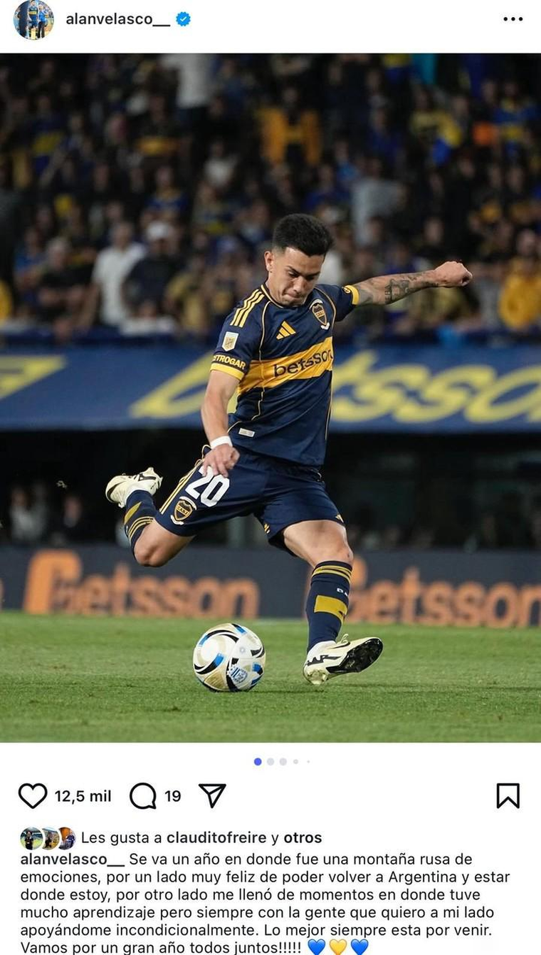 El posteo de Alan Velasco en su cuenta de Instagram repasando el 2025 con Boca. El posteo de Alan Velasco en su cuenta de Instagram repasando el 2025 con Boca.