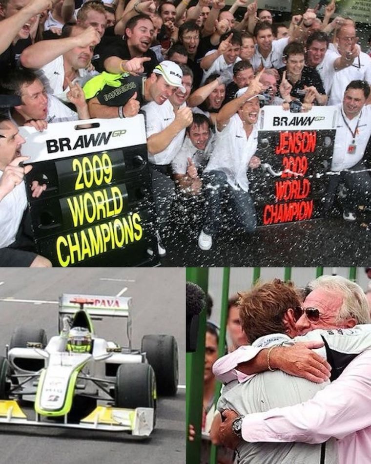 Jenson Button celebra el título de 2009 con Brawn GP, el equipo que nació semanas antes del inicio del campeonato y terminó conquistándolo todo.