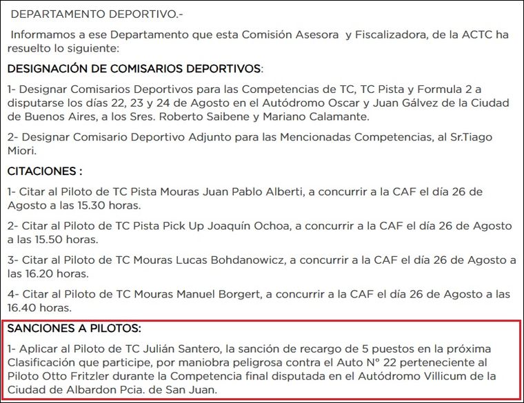 La ACTC sancionó a Julián Santero por una maniobra peligrosa en San Juan. La ACTC sancionó a Julián Santero por una maniobra peligrosa en San Juan.