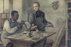 En el taller de un taxidermista (John Edmonstone y Charles Darwin preparando pájaros). Artista: Viktor Yevstafiev. Foto: ©MUSEO ESTATAL DARWIN, MOSCÚ