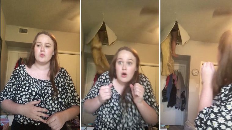 El momento en el que la madre de Liz San Millan cae desde el piso superior tras ceder el techo. Foto: Captura de pantalla