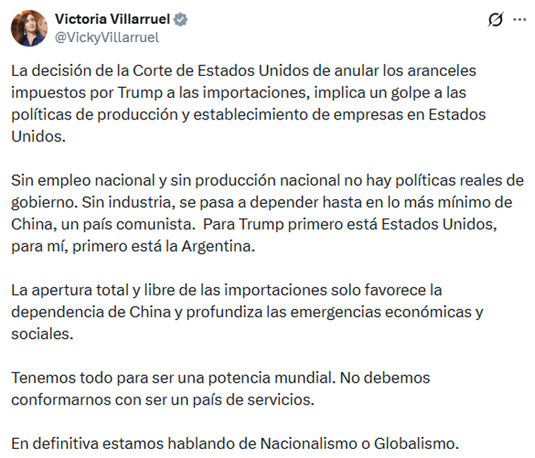 El duro tuit de Victoria Villarruel. El duro tuit de Victoria Villarruel.