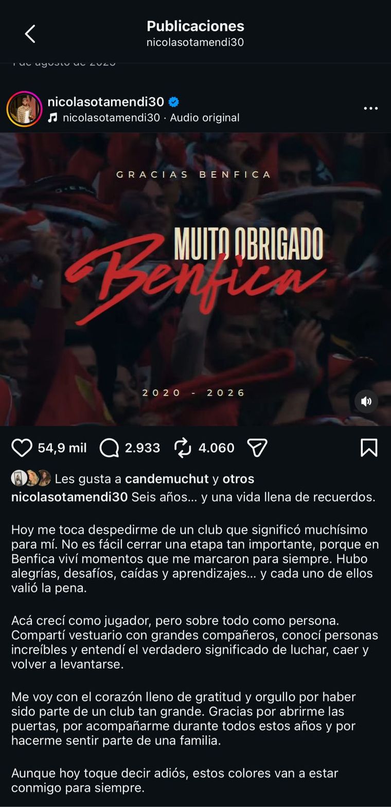 El posteo en Instagram con el que Otamendi le dijo adiós al Benfica de Portugal. El posteo en Instagram con el que Otamendi le dijo adiós al Benfica de Portugal.