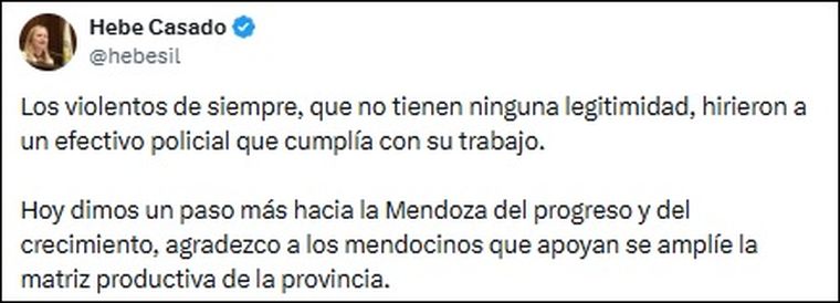 El mensaje de Hebe Casado en X. El mensaje de Hebe Casado en X.