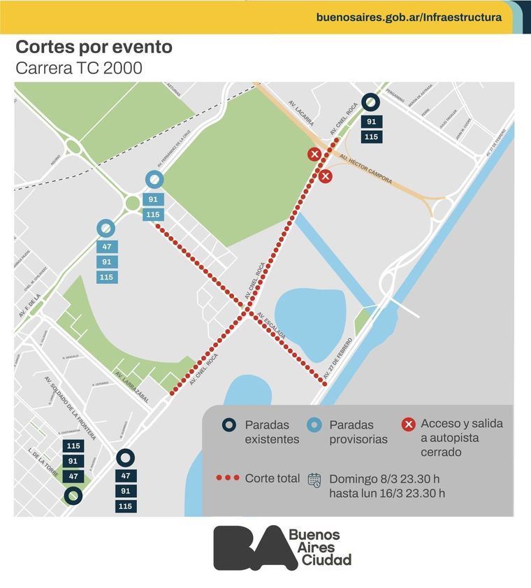 Así serán los cortes de calles alrededor del circuito callejero del TC2000. Así serán los cortes de calles alrededor del circuito callejero del TC2000.