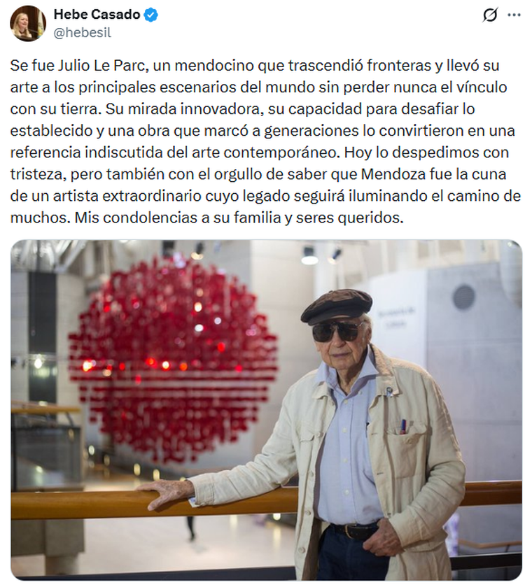 La vicegobernadora de Mendoza también despidió al artista en sus redes. La vicegobernadora de Mendoza también despidió al artista en sus redes.