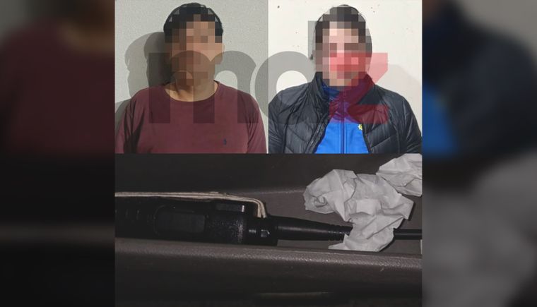 La pareja detenida y el inhibidor de alarmas secuestrado. (Se pixela el rostro por pedido judicial)