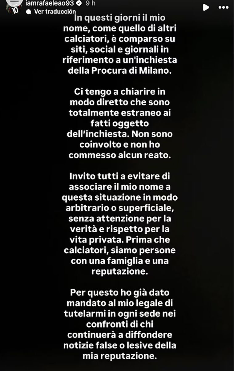 El descargo del delantero portugués del Milan en redes sociales. El descargo del delantero portugués del Milan en redes sociales.