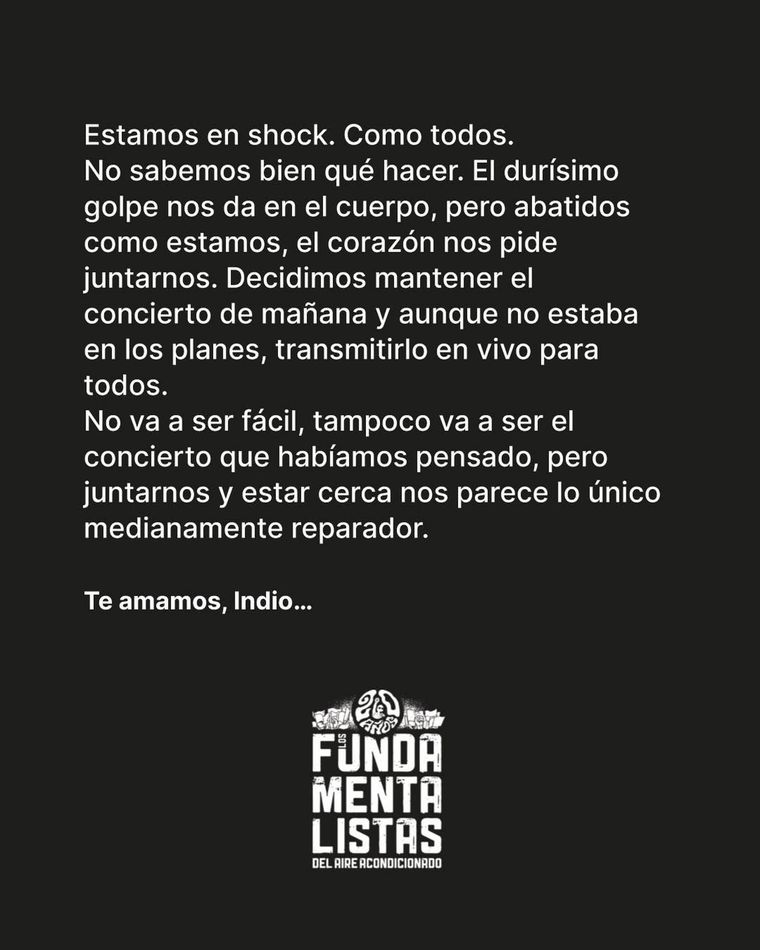 El posteo de Los Fundamentalistas del Aire Acondicionado tras la muerte del Indio Solari. El posteo de Los Fundamentalistas del Aire Acondicionado tras la muerte del Indio Solari.