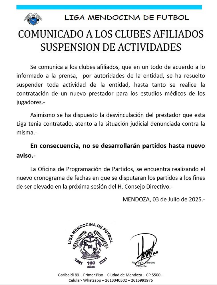 El comunicado emitido por Liga Mendocina. El comunicado emitido por Liga Mendocina.