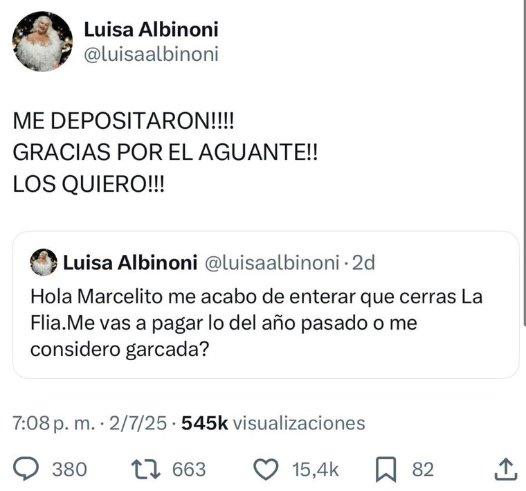 La actriz contó el pasado miércoles 2 de julio que ya le pagaron lo que le debían. La actriz contó el pasado miércoles 2 de julio que ya le pagaron lo que le debían.