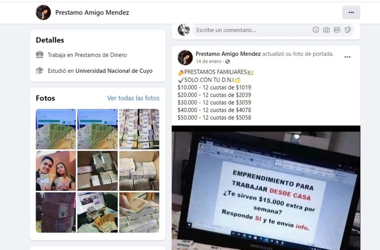 Uno de los perfiles donde ofrecen préstamos falsos