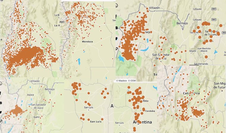 Epicentros de los sismos registrados en lo que va del 2022 en las provincias de San Juan, Mendoza, Jujuy, Córdoba, San Luis, Tucumán, Catamarca, Salta y Tucumán. Foto: Visualización hecha con Tableau Public a partir de información de datos difundidos por inpres.gob.ar
