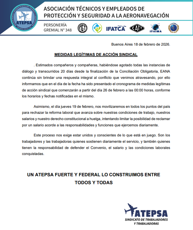 El comunicado oficial de Atepsa por el nuevo paro de controladores aéreos. El comunicado oficial de Atepsa por el nuevo paro de controladores aéreos.