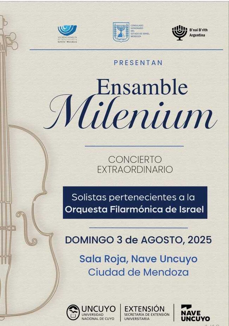 En su tercera vez al país, el Ensamble Milenium, integrado por músicos de la Filarmónica de Israel visita Mendoza por primera vez. En su tercera vez al país, el Ensamble Milenium, integrado por músicos de la Filarmónica de Israel visita Mendoza por primera vez.