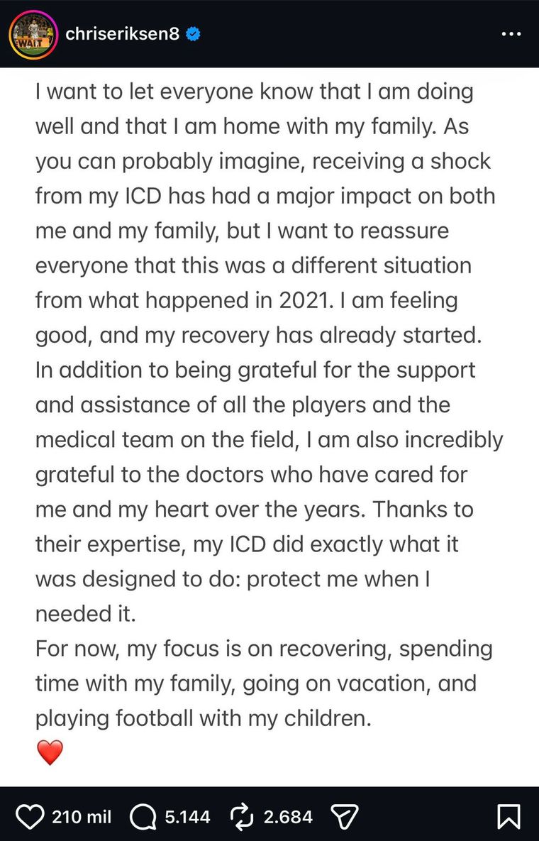 El comunicado de Christian Eriksen tras su nuevo colapso. El comunicado de Christian Eriksen tras su nuevo colapso.