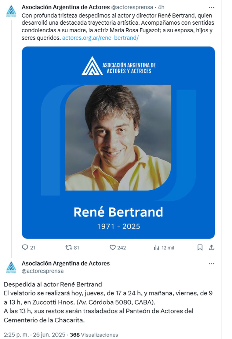 El comunicado de la Asociación Argentina de Actores. Foto: captura de pantalla X/ @actoresprensa. El comunicado de la Asociación Argentina de Actores. Foto: captura de pantalla X/ @actoresprensa.
