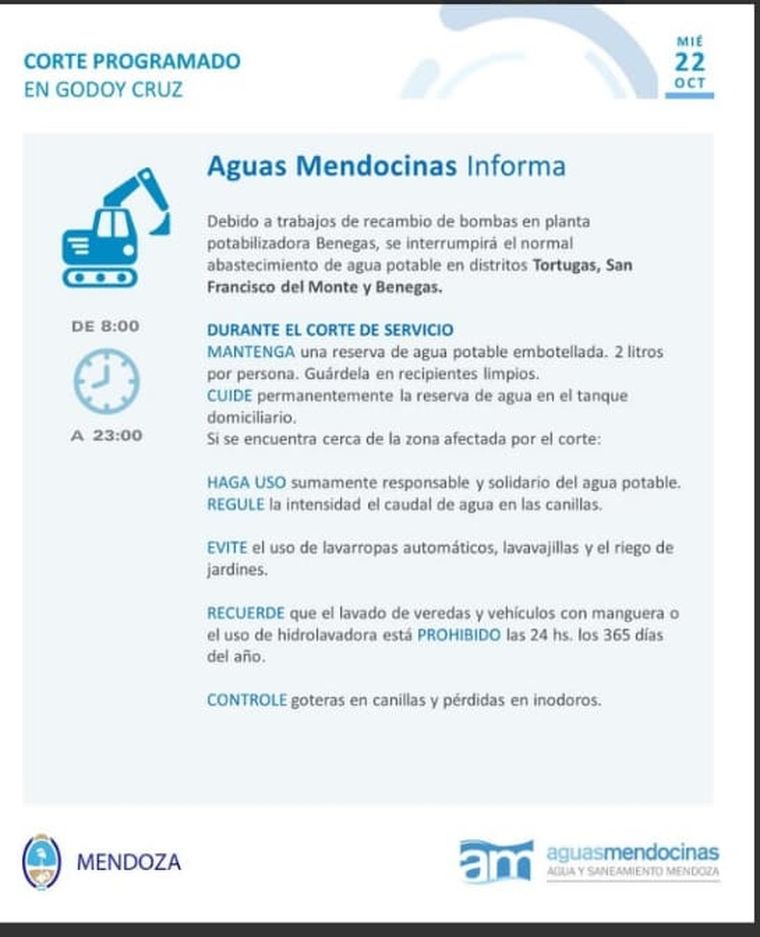 Aguas Mendocinas informó que el corte de agua afectará distintas zonas de Godoy Cruz de 8 a 23 este miércoles. Aguas Mendocinas informó que el corte de agua afectará distintas zonas de Godoy Cruz de 8 a 23 este miércoles.