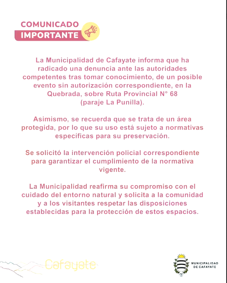 El comunicado de la municipalidad de Cafayate, Salta, por el casamiento celebrado en la Quebrada de las Conchas. El comunicado de la municipalidad de Cafayate, Salta, por el casamiento celebrado en la Quebrada de las Conchas.