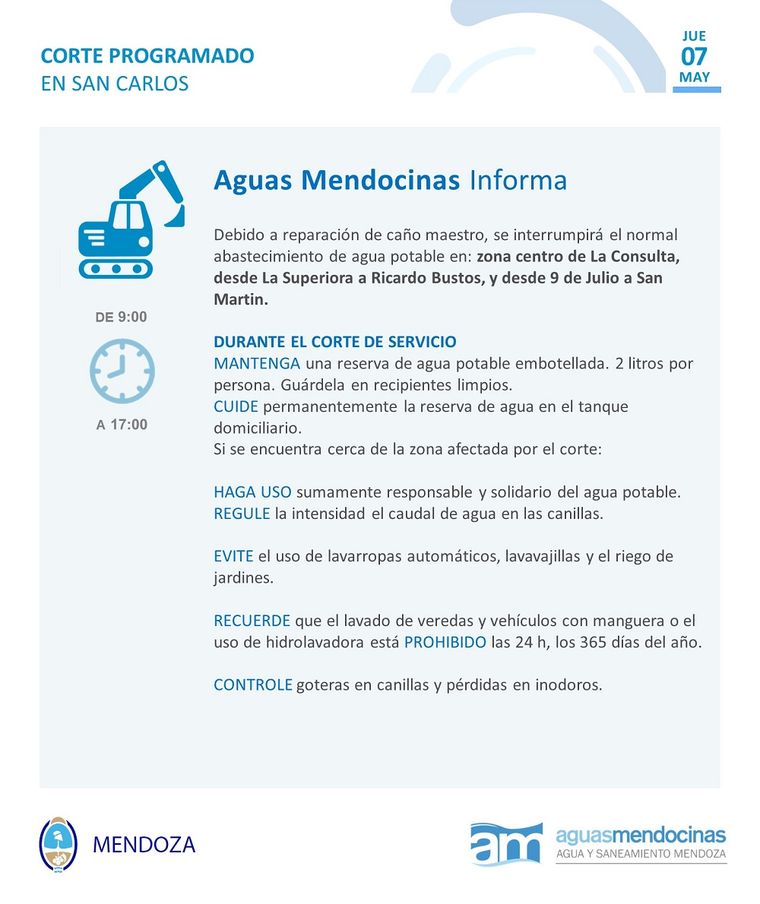 Por trabajos de mantenimiento, habrá un corte de agua de ocho horas en San Carlos. Por trabajos de mantenimiento, habrá un corte de agua de ocho horas en San Carlos.
