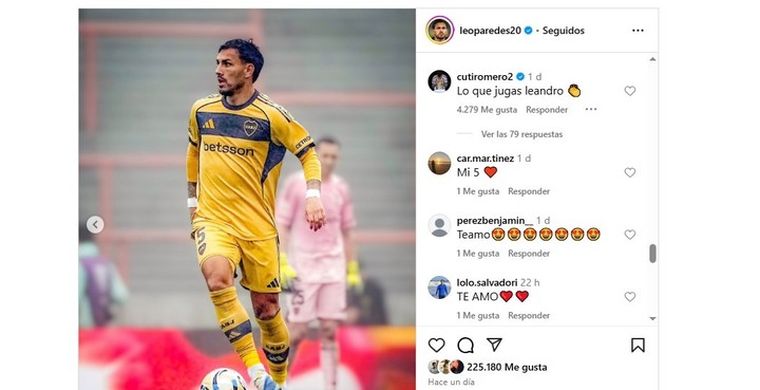 El comentario del Cuti Romero en la publicación de Paredes tras el 2-0 de Boca ante Aldosivi. El comentario del Cuti Romero en la publicación de Paredes tras el 2-0 de Boca ante Aldosivi.