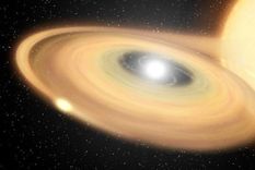 La estrella binaria V Sagittae contiene una enana blanca que roba material de una estrella compañera más grande, mientras las dos giran en espiral, una hacia la otra.