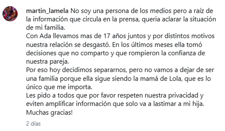 La publicación de Martín Lamela. La publicación de Martín Lamela.