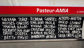 El mural junto a los nombres de los fallecidos en el atentado a la AMIA