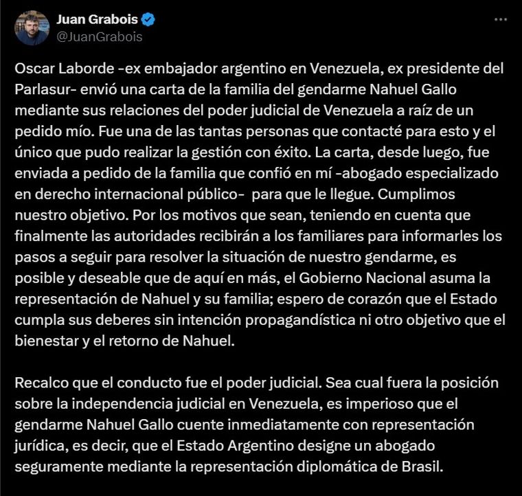 Comunicado de Juan Grabois en su cuenta de X a propósito de la denuncia de Bullrich sobre Laborde. Foto: Captura de pantalla cuenta de X Juan Grabois.