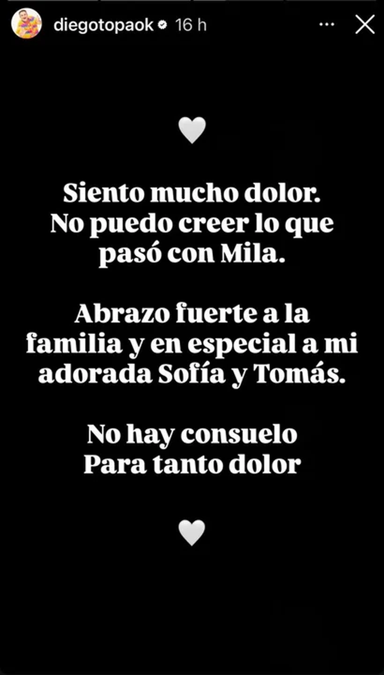 El mensaje que Topa decidió compartir en sus historias de Instagram, dedicado su excoelga y a la familia Yankelevich tras el fallecimiento de Mila. El mensaje que Topa decidió compartir en sus historias de Instagram, dedicado su excoelga y a la familia Yankelevich tras el fallecimiento de Mila.