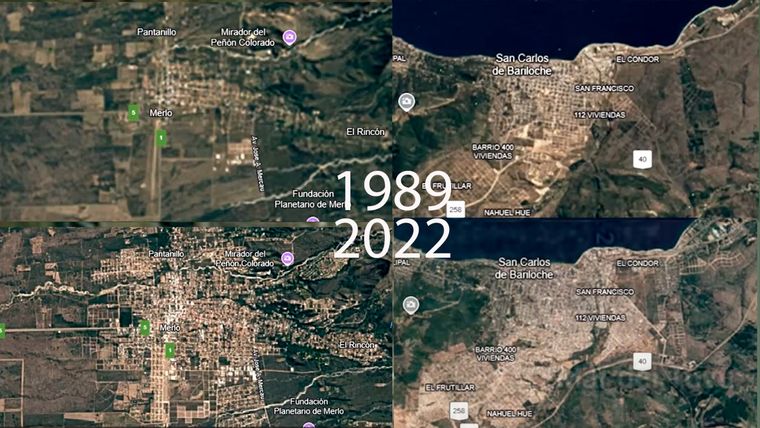 Dos ciudades turísticas que crecieron: Villa de Merlo (San Luis) y San Carlos de Bariloche (Río Negro) Foto: earthengine.google.com
