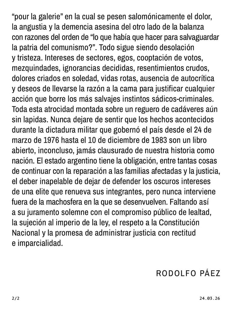 Para Páez, la historia argentina no se puede resumir en "uno o varios posteos" de redes sociales. Para Páez, la historia argentina no se puede resumir en "uno o varios posteos" de redes sociales.